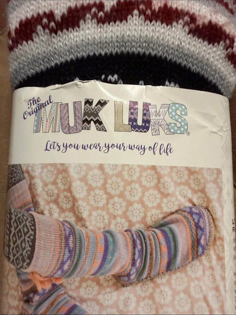 The Original Muk Luks-  Black, White & Burgundy Patterned Gripper Socks. (L/XL)